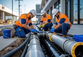 Crew assembling utility piping on commercial site