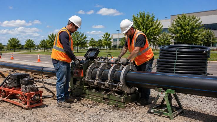 Crew fusing HDPE pipe on job site